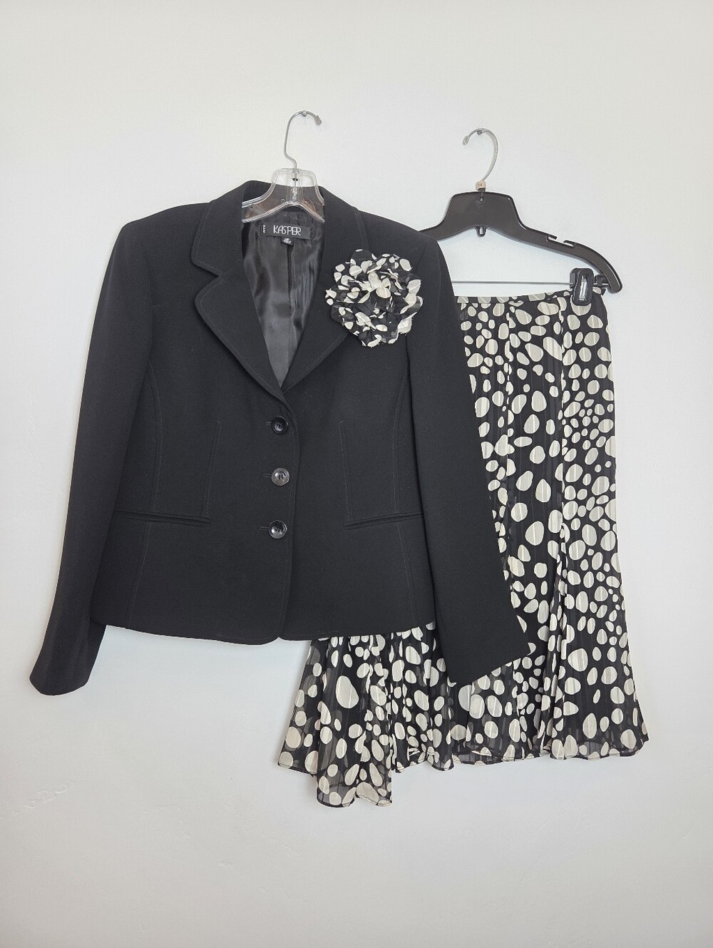 Kasper Skirt Suit Black White Polka Dot Preppy Professional Office Church 14 P